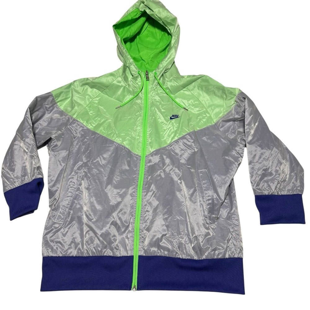 Nike Lime Green and Silver Hooded Jacket windbreaker Y2K XL - Picture 2 of 13
